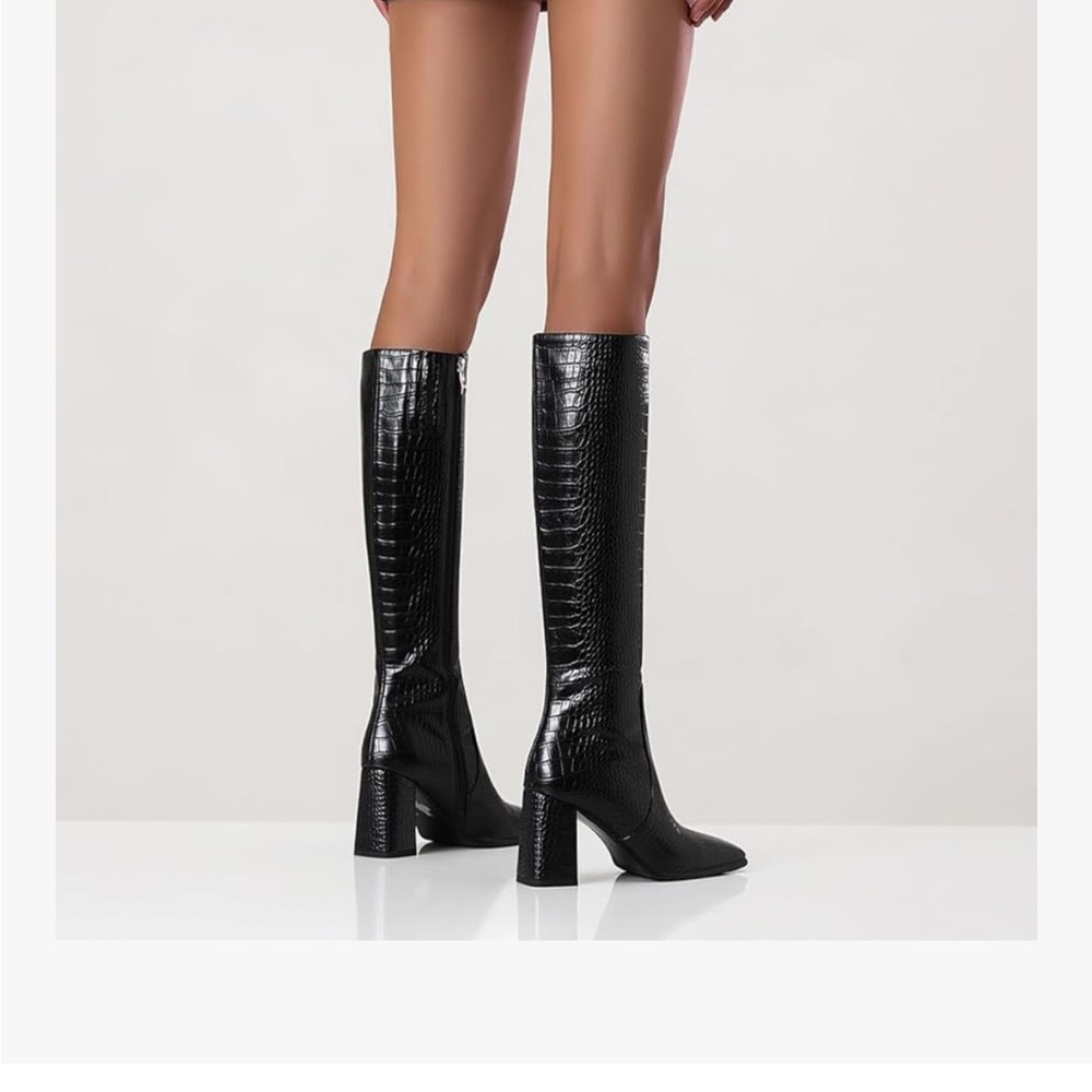 NWT Black Croc-Embossed Knee-High Block Heel Boot - Picture 10 of 13